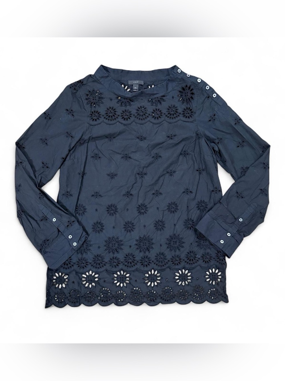 J.Crew Black Floral Eyelet Embroidered Long Sleeve Blouse Women’s Size 10 Tall